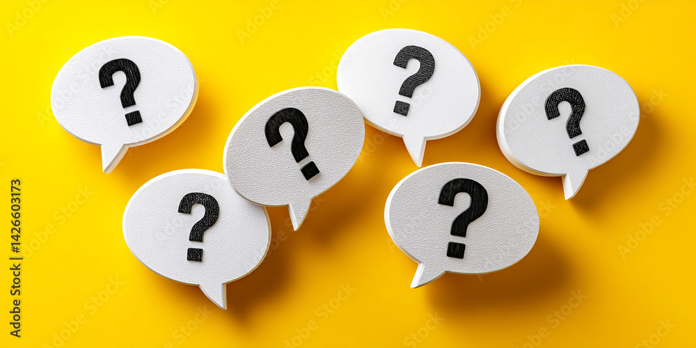 Poster white speech bubbles with black question marks on yellow background, symbolizing questions, queries,