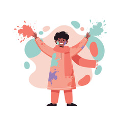 Obraz premium Child celebrating with colorful paint splashes in festive traditional outfit illustration vector art 