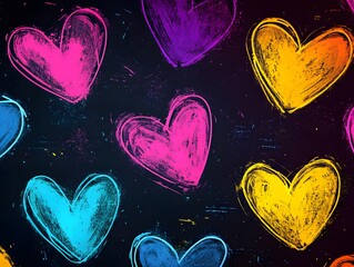 Pop art style colorful neon hearts on a black background, bright pink, yellow, purple, and blue, playful aesthetic