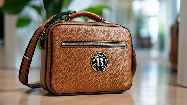 Detailed Brown Leather Handbag With Gold Accents Displayed on Wooden Floor with Blurred Green Plant Background