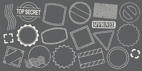 Set of white chalk stamp designs on a blackboard. Includes various shapes like circles, squares, and stars. Chalk stamps, chalkboard style, unique designs. Black blank stamps, vector set.