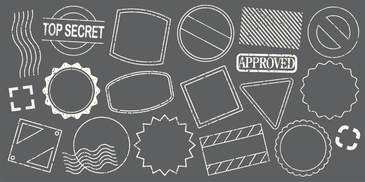 Set of white chalk stamp designs on a blackboard. Includes various shapes like circles, squares, and stars. Chalk stamps, chalkboard style, unique designs. Black blank stamps, vector set.