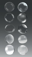 Set of transparent soap bubbles on a checkered background. Bubbles vary in size and reflect light. Perfect for designs needing bubbles or transparency effects. Soap bubble element vector set.