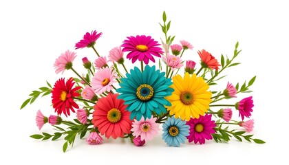 The composition features an array of vibrant flowers in hues of magenta, teal, yellow, and coral, expertly arranged in a harmonious display against a crisp white backdrop