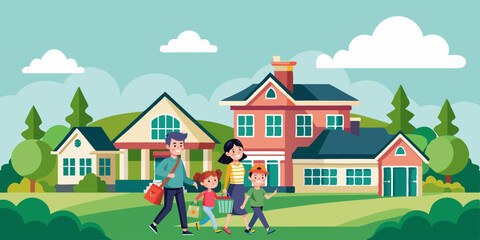 Fototapeta premium house in the woods, family, house, cartoon, home, children, boy, vector, people, child, illustration, kids, drawing, kid, mother, school, father, building, sun, tree, sky, daughter, grass, fun, woman,