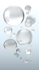 Floating bubbles in various sizes on a light background. Transparent bubbles, shiny bubbles, and floating bubbles create a calming, airy atmosphere. Soap bubble element vector set.
