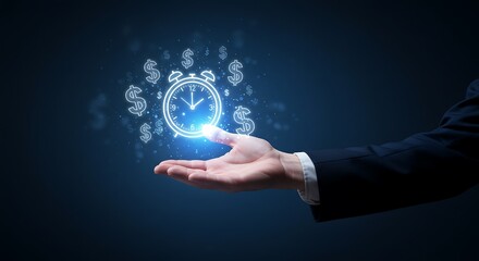 Fototapeta premium Glowing clock and dollar sign icons levitating above outstretched hand.