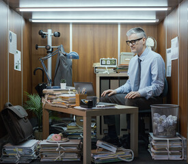 Corporate businessman working in a small messy office