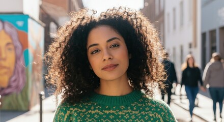 Young african female smiling in urban street scene with curly hair