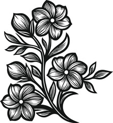 Black and white floral vector design showcases ornate flower silhouettes and leaf element