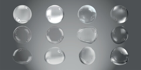 Twelve transparent water droplets on a gray background. Each droplet is clear and reflective. Water droplets vary in shape and size, creating a natural effect. Soap bubble element vector set.