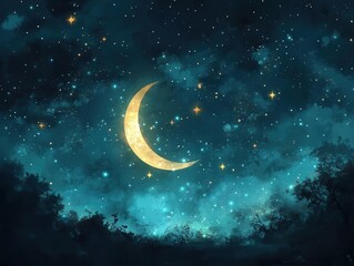 Fototapeta premium A crescent moon glows above a dark forest with mountains in the distance.