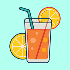 Refreshing summer orange juice drink with ice cubes and straw garnished with orange slices