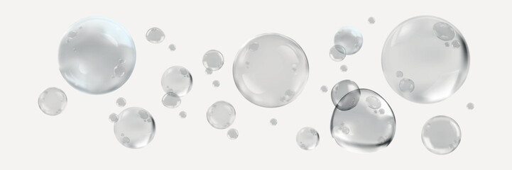 Transparent bubbles floating on a white background. Clear bubbles in various sizes. Bubbles create a light, airy feel. Perfect for a fresh, clean design. Soap bubble element vector set.