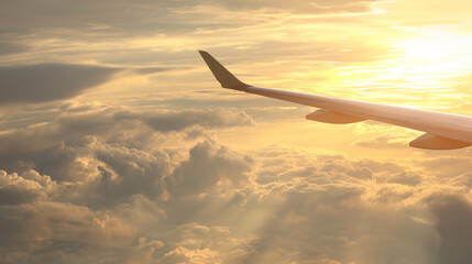 Obraz premium Passenger airplane ascending into golden sunset clouds viewed through window, symbolizing journey home, travel adventure and aviation experience.