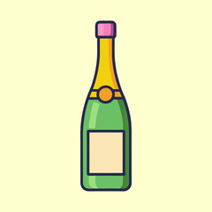 Illustration of a Festive Green Champagne Bottle with Pink Cap and Yellow Neck Label