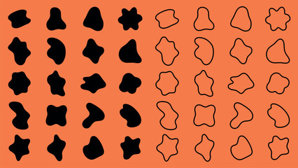Abstract shapes in black and outline on orange background. Organic shapes, black shapes, and outline shapes create a dynamic pattern. Abstract and bold. Black shape vector set.