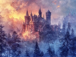 Fototapeta premium A majestic fairytale castle perched atop a snowy mountain, bathed in the warm glow of a magical sunset.