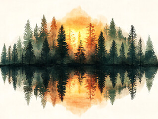 forest scene with tall, coniferous trees in shades of green and orange, with a warm, golden hue in the background, likely indicating sunrise or sunset. The trees are reflected in a calm body of water 