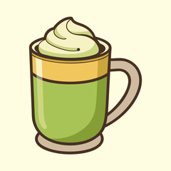 Stylized Green Tea Latte with Whipped Cream Illustration on Cream Background