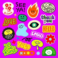 Colorful sticker set with phrases like 'love', 'hello', 'thank you' Features smiley faces, flowers, and abstract shapes Bright, playful, and fun design Funky stickers, vector set