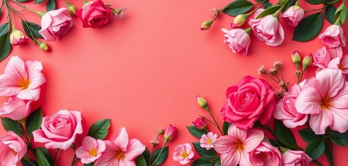 Top border of pink roses and alstroemerias on coral background, beautiful, petals