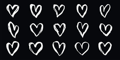 Set of 15 hand-drawn white hearts on a black background. Sketchy hearts, black and white theme. Simple, artistic hearts in a repeated pattern. Hand drawn Valentine's Day vector set.