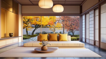 Beige low sofa, mustard decor, paper ceiling lamp, small ikebana bowl, window to rain wet stone path at dusk