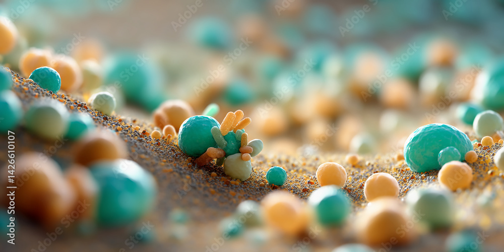 Poster microscopic view of teal and orange spheres on a textured surface, creating a detailed, vibrant imag