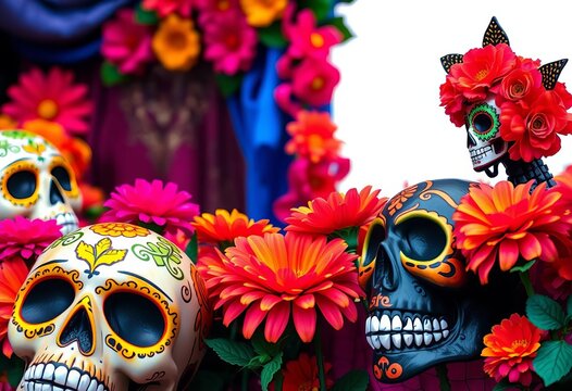 Vibrant Day of the Dead carnival backdrop with sugar skulls, marigolds, and catrinas, decoration, orange