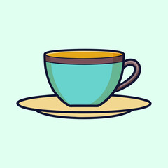 Stylized cartoon illustration of a blue tea cup on a saucer