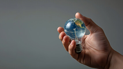 Hand holding light bulb shaped globe. Global sustainability and innovation concept.
