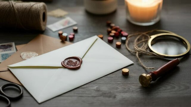 Sealed envelope with wax stamp, surrounded by stamps, string, and lit candle