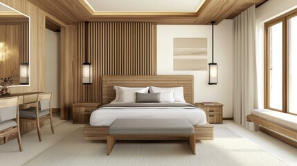 Cozy rustic modern sleep zone, crafted surfaces, warm neutral layout, designer simplicity