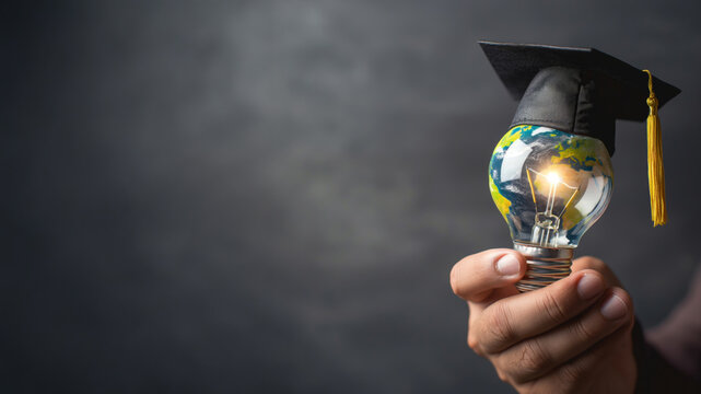 Light bulb with Earth and graduation cap glowing in hand. Global learning and sustainability concept.
