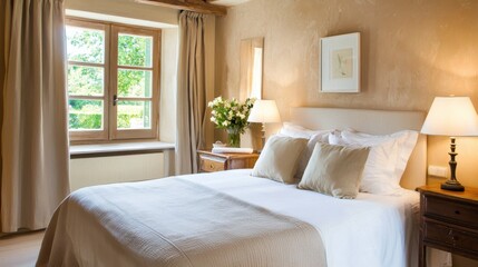 Dreamy Provencal bedroom, calm linen bedding, warm wood tones, elegant bedside lamps, subtle colors
