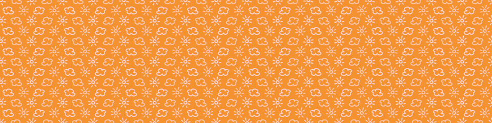 Vibrant fall sunshine seamless nursery border. Naive illustration of summer sky in hand drawn playful style for childrens nursery edinging, banner. 