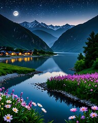 Serene Night in the Mountains Moonlit Lake and Flowery Meadows