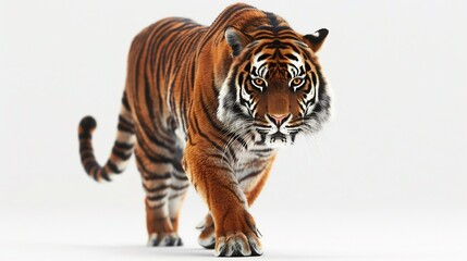 Obraz premium Hyper realistic Bengal tiger walking forward piercing amber eyes intricate fur details white background studio lighting ultra detailed National Geographic style