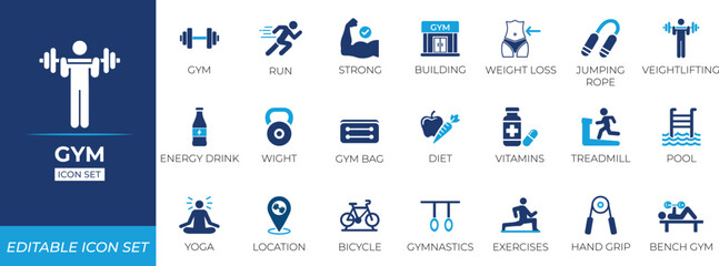Gym icon set. Solid icon collection design.
