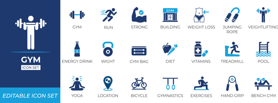 Gym icon set featuring workout, weightlifting,lipboard, curl, instruction, monitor, personal,  training, muscle, and gym equipment symbols for sports branding and health apps.