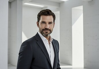 A portrait of a handsome man in a suit. He is wearing a blue suit with a white shirt and has a beard. The background is a modern white wall with multiple windows. He is looking at the camera.