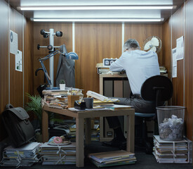 Frustrated businessman working in a small messy office