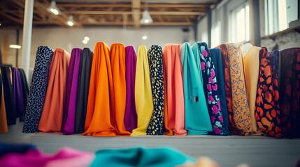 Colorful fabric bolts in a fashion design studio.