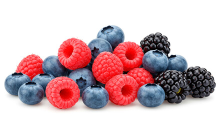 Assorted fresh berries: raspberries, blueberries, and blackberries stacked on a white background.