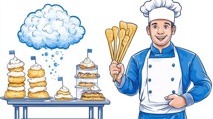 Smiling Chef with Delicious Pastries and Rain Cloud in Pixel Art Style