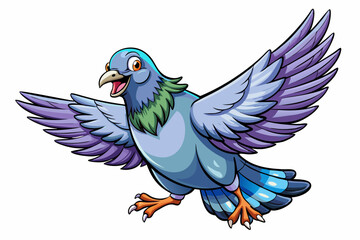 Fototapeta premium Funny Flat vector design of happy pigeon flying. Domestic animal , Livestock farming, white isolated background
