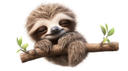 baby sloth hugging a small tree branch, sleepy smile, soft fluffy fur,