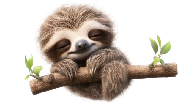 baby sloth hugging a small tree branch, sleepy smile, soft fluffy fur,