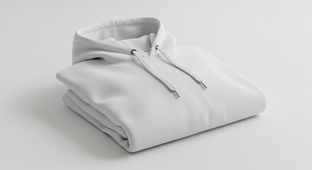 Folded white hooded sweatshirt on a white background with the hood open and drawstrings visible.